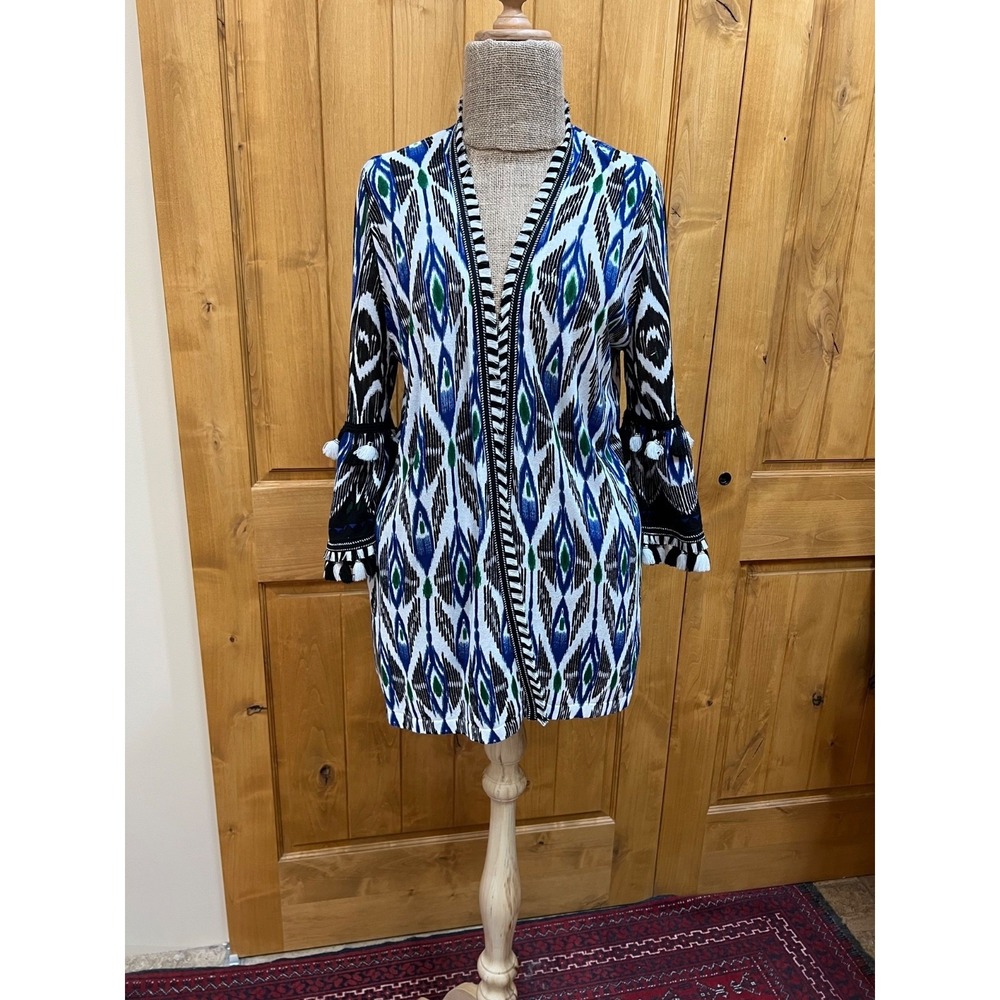 Chicos Sweater Cardigan Medium Blue Ikat Fringe Tassel Bell Sleeve Lightweight